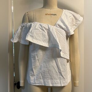 Cuyana Asymmetrical Seersucker Flounce Top - size S - white
